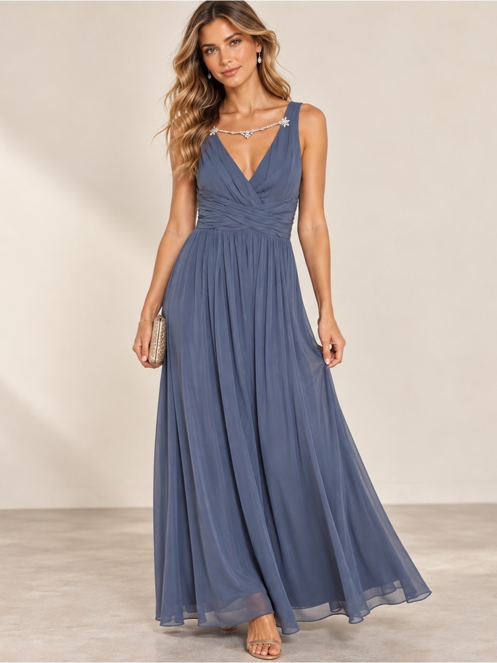 NWT Jenny Packham Gray Chiffon Bridesmaid Dress Gown With Necklace Size 12